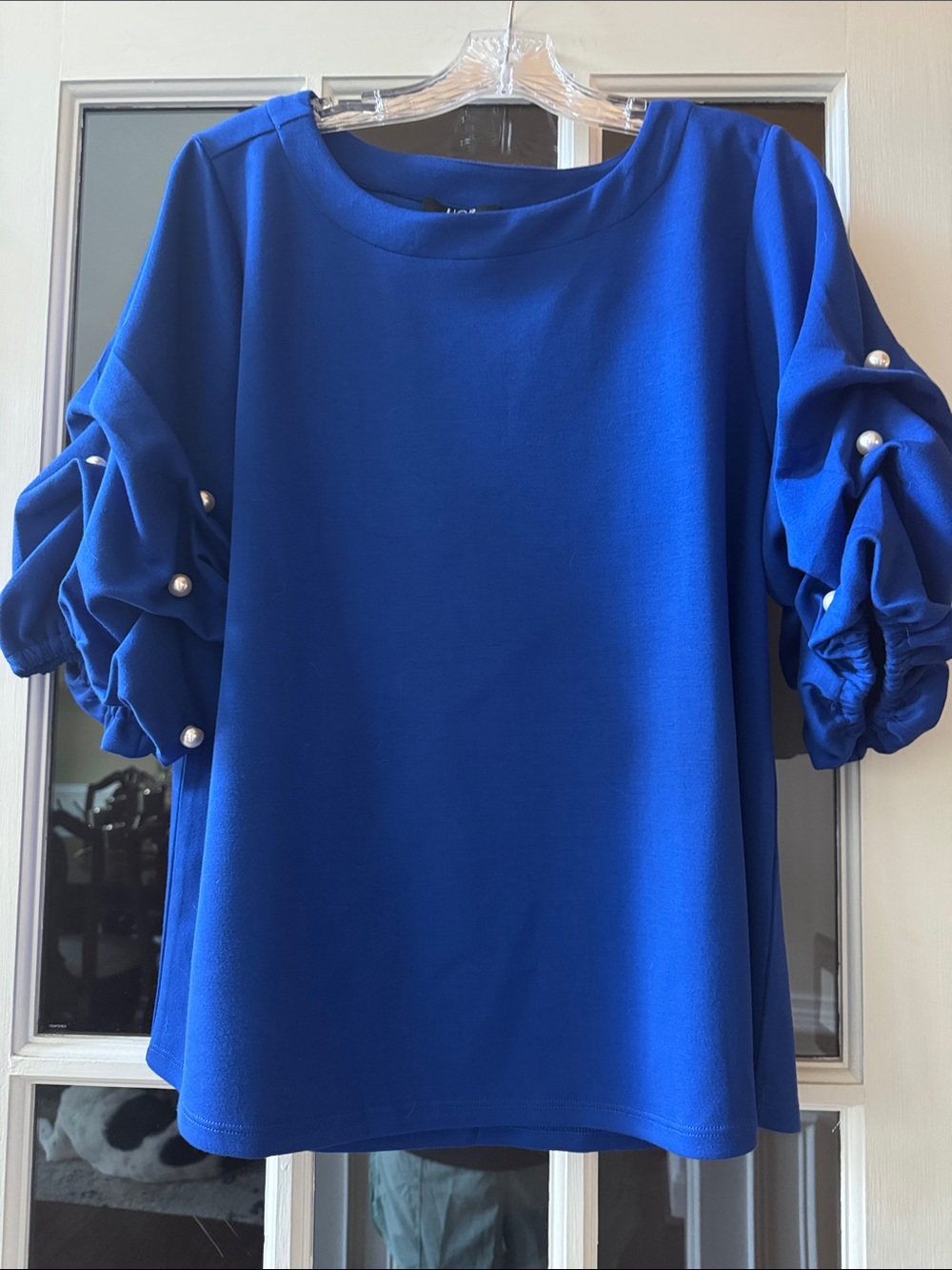 Blue Pearl-Embellished Puff-Sleeve Women's Blouse